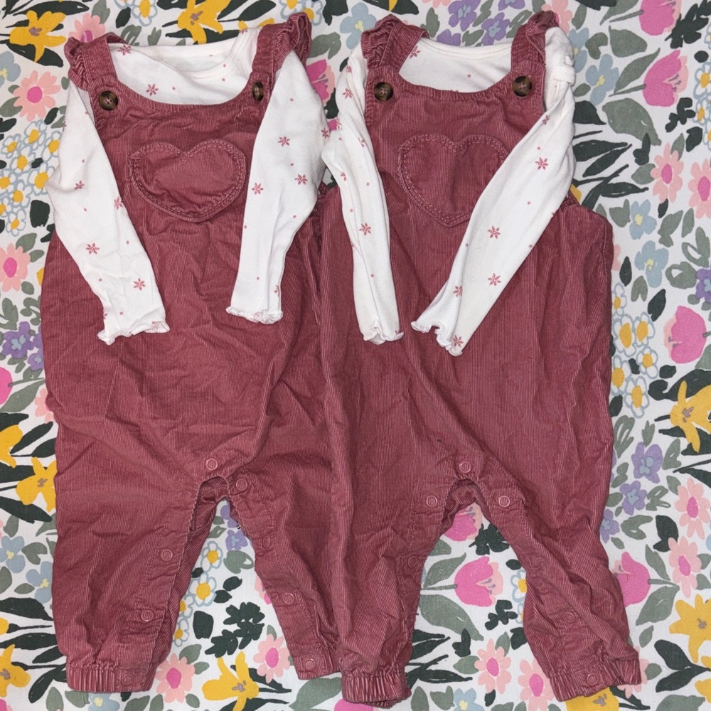 Carter's Mauve Corduroy Heart Pocket Overalls with Floral Tee